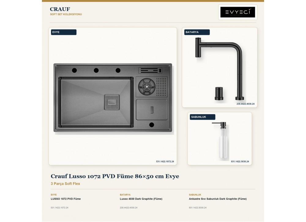 Crauf Lusso 1072 PVD Füme 86×50 cm Evye + Lusso 4030 Batarya + Aynı Renk Sabunluk | 3 Parça Soft Flex Crauf Lusso 1072 PVD Füme 86×50 cm Evye + Lusso 4030 Batarya + Aynı Renk Sabunluk | 3 Parça Soft Flex