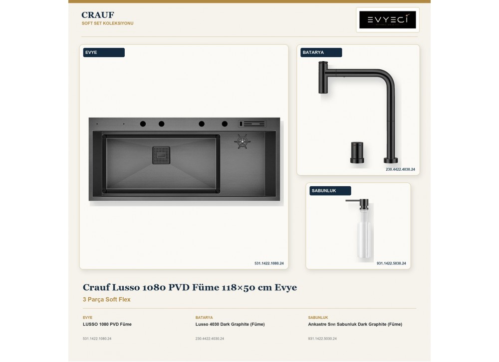 Crauf Lusso 1080 PVD Füme 118×50 cm Evye + Lusso 4030 Batarya + Aynı Renk Sabunluk | 3 Parça Soft Flex Crauf Lusso 1080 PVD Füme 118×50 cm Evye + Lusso 4030 Batarya + Aynı Renk Sabunluk | 3 Parça Soft Flex