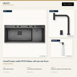 Crauf Lusso 1080 PVD Füme 118×50 cm Evye + Lusso 4030 Batarya + Aynı Renk Sabunluk | 3 Parça Soft Flex