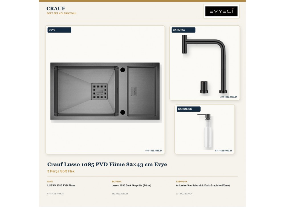 Crauf Lusso 1085 PVD Füme 82×43 cm Evye + Lusso 4030 Batarya + Aynı Renk Sabunluk | 3 Parça Soft Flex Crauf Lusso 1085 PVD Füme 82×43 cm Evye + Lusso 4030 Batarya + Aynı Renk Sabunluk | 3 Parça Soft Flex