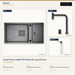 Crauf Lusso 1085 PVD Füme 82×43 cm Evye + Lusso 4030 Batarya + Aynı Renk Sabunluk | 3 Parça Soft Flex