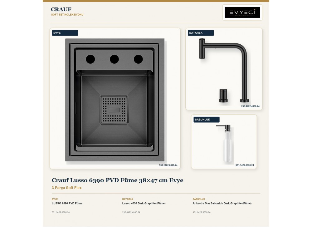Crauf Lusso 6390 PVD Füme 38×47 cm Evye + Lusso 4030 Batarya + Aynı Renk Sabunluk | 3 Parça Soft Flex Crauf Lusso 6390 PVD Füme 38×47 cm Evye + Lusso 4030 Batarya + Aynı Renk Sabunluk | 3 Parça Soft Flex