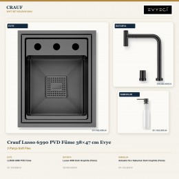 Crauf Lusso 6390 PVD Füme 38×47 cm Evye + Lusso 4030 Batarya + Aynı Renk Sabunluk | 3 Parça Soft Flex