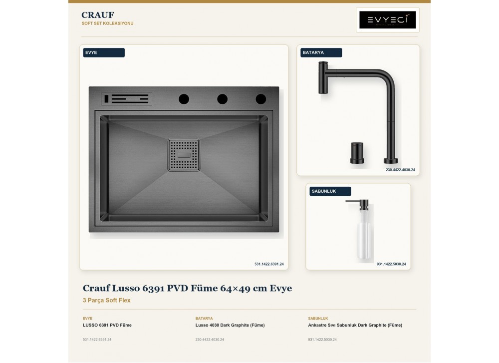 Crauf Lusso 6391 PVD Füme 64×49 cm Evye + Lusso 4030 Batarya + Aynı Renk Sabunluk | 3 Parça Soft Flex Crauf Lusso 6391 PVD Füme 64×49 cm Evye + Lusso 4030 Batarya + Aynı Renk Sabunluk | 3 Parça Soft Flex