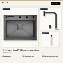 Crauf Lusso 6391 PVD Füme 64×49 cm Evye + Lusso 4030 Batarya + Aynı Renk Sabunluk | 3 Parça Soft Flex