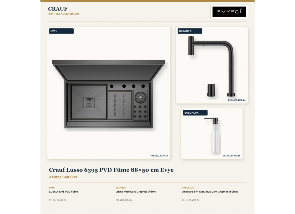 Crauf Lusso 6395 PVD Füme 88×50 cm Evye + Lusso 4030 Batarya + Aynı Renk Sabunluk | 3 Parça Soft Flex Crauf Lusso 6395 PVD Füme 88×50 cm Evye + Lusso 4030 Batarya + Aynı Renk Sabunluk | 3 Parça Soft Flex