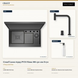 Crauf Lusso 6395 PVD Füme 88×50 cm Evye + Lusso 4030 Batarya + Aynı Renk Sabunluk | 3 Parça Soft Flex