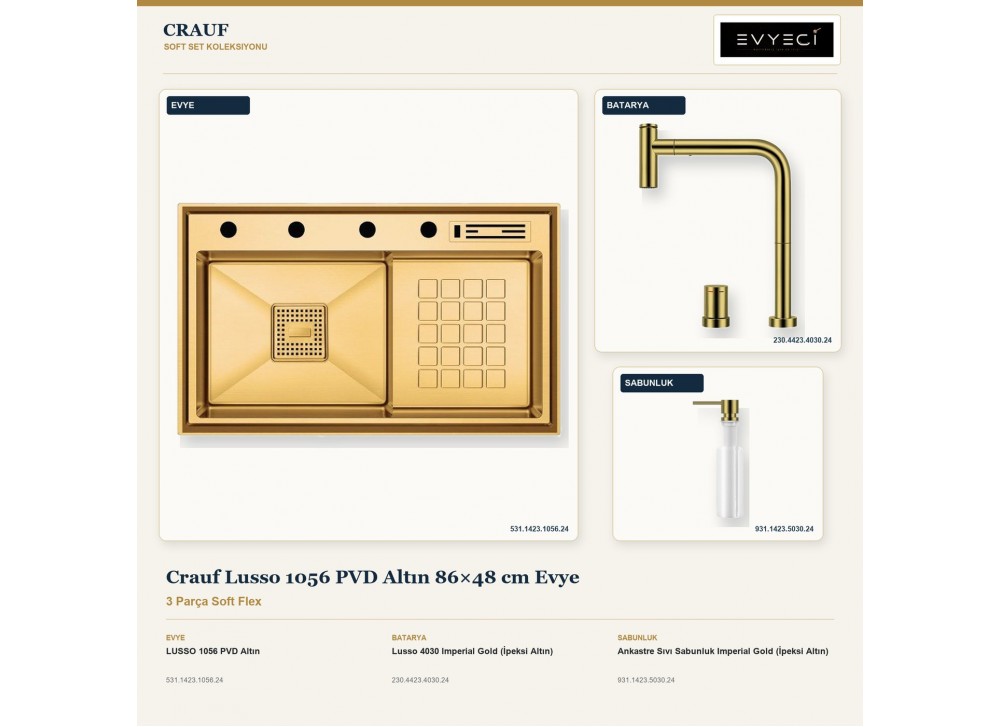 Crauf Lusso 1056 PVD Altın 86×48 cm Evye + Lusso 4030 Batarya + Aynı Renk Sabunluk | 3 Parça Soft Flex