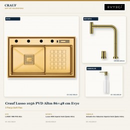 Crauf Lusso 1056 PVD Altın 86×48 cm Evye + Lusso 4030 Batarya + Aynı Renk Sabunluk | 3 Parça Soft Flex