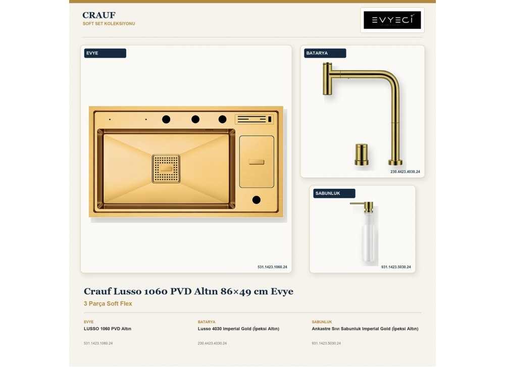 Crauf Lusso 1060 PVD Altın 86×49 cm Evye + Lusso 4030 Batarya + Aynı Renk Sabunluk | 3 Parça Soft Flex