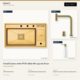 Crauf Lusso 1060 PVD Altın 86×49 cm Evye + Lusso 4030 Batarya + Aynı Renk Sabunluk | 3 Parça Soft Flex