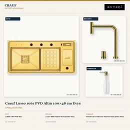 Crauf Lusso 1061 PVD Altın 100×48 cm Evye + Lusso 4030 Batarya + Aynı Renk Sabunluk | 3 Parça Soft Flex