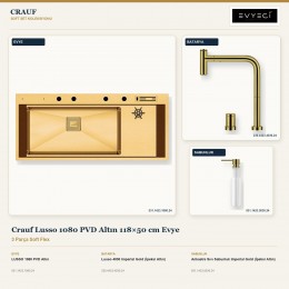 Crauf Lusso 1080 PVD Altın 118×50 cm Evye + Lusso 4030 Batarya + Aynı Renk Sabunluk | 3 Parça Soft Flex