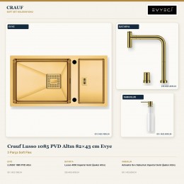 Crauf Lusso 1085 PVD Altın 82×43 cm Evye + Lusso 4030 Batarya + Aynı Renk Sabunluk | 3 Parça Soft Flex