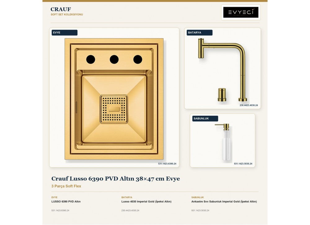 Crauf Lusso 6390 PVD Altın 38×47 cm Evye + Lusso 4030 Batarya + Aynı Renk Sabunluk | 3 Parça Soft Flex Crauf Lusso 6390 PVD Altın 38×47 cm Evye + Lusso 4030 Batarya + Aynı Renk Sabunluk | 3 Parça Soft Flex