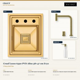 Crauf Lusso 6390 PVD Altın 38×47 cm Evye + Lusso 4030 Batarya + Aynı Renk Sabunluk | 3 Parça Soft Flex