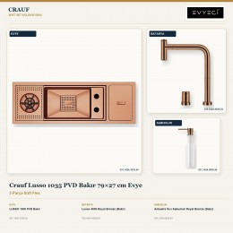 Crauf Lusso 1035 PVD Bakır 79×27 cm Evye + Lusso 4030 Batarya + Aynı Renk Sabunluk | 3 Parça Soft Flex