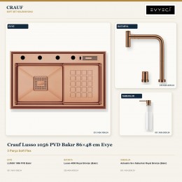 Crauf Lusso 1056 PVD Bakır 86×48 cm Evye + Lusso 4030 Batarya + Aynı Renk Sabunluk | 3 Parça Soft Flex