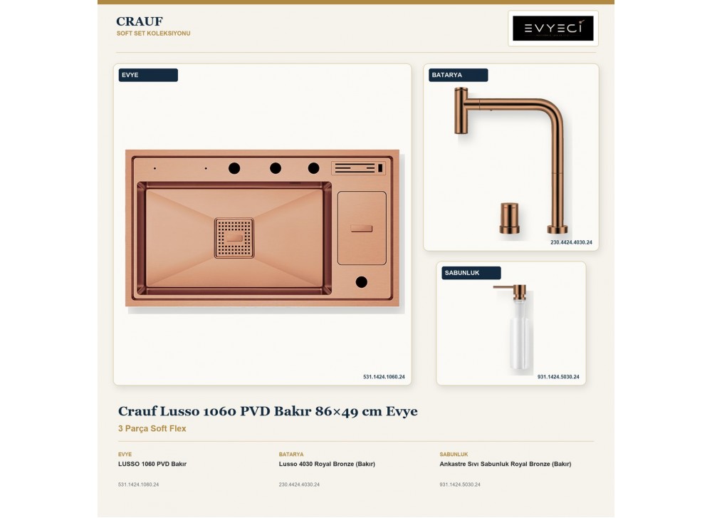 Crauf Lusso 1060 PVD Bakır 86×49 cm Evye + Lusso 4030 Batarya + Aynı Renk Sabunluk | 3 Parça Soft Flex