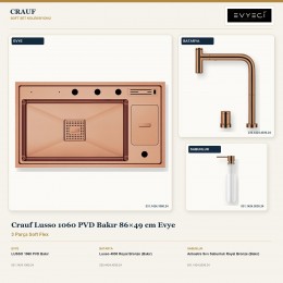 Crauf Lusso 1060 PVD Bakır 86×49 cm Evye + Lusso 4030 Batarya + Aynı Renk Sabunluk | 3 Parça Soft Flex