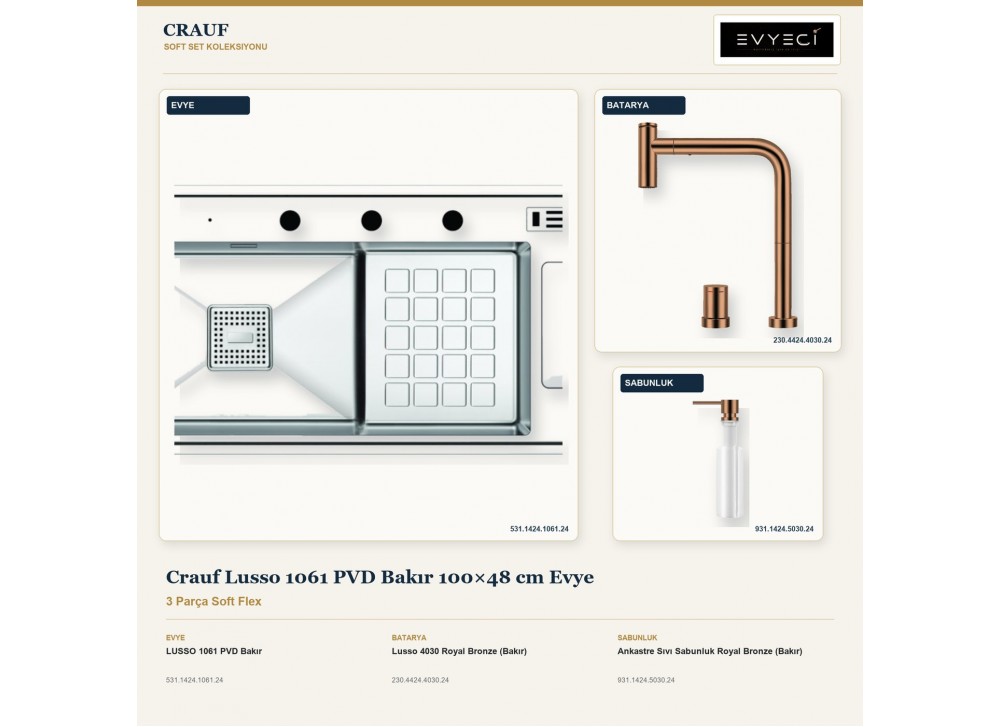 Crauf Lusso 1061 PVD Bakır 100×48 cm Evye + Lusso 4030 Batarya + Aynı Renk Sabunluk | 3 Parça Soft Flex Crauf Lusso 1061 PVD Bakır 100×48 cm Evye + Lusso 4030 Batarya + Aynı Renk Sabunluk | 3 Parça Soft Flex