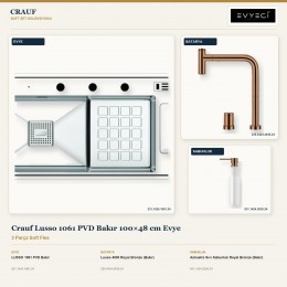 Crauf Lusso 1061 PVD Bakır 100×48 cm Evye + Lusso 4030 Batarya + Aynı Renk Sabunluk | 3 Parça Soft Flex