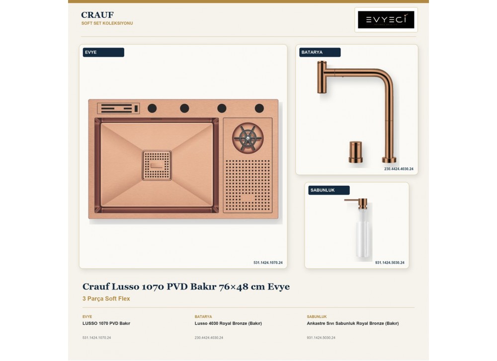 Crauf Lusso 1070 PVD Bakır 76×48 cm Evye + Lusso 4030 Batarya + Aynı Renk Sabunluk | 3 Parça Soft Flex