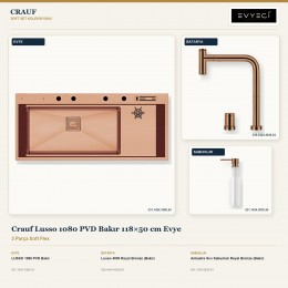Crauf Lusso 1080 PVD Bakır 118×50 cm Evye + Lusso 4030 Batarya + Aynı Renk Sabunluk | 3 Parça Soft Flex