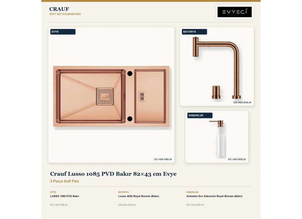 Crauf Lusso 1085 PVD Bakır 82×43 cm Evye + Lusso 4030 Batarya + Aynı Renk Sabunluk | 3 Parça Soft Flex