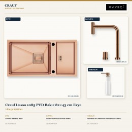 Crauf Lusso 1085 PVD Bakır 82×43 cm Evye + Lusso 4030 Batarya + Aynı Renk Sabunluk | 3 Parça Soft Flex