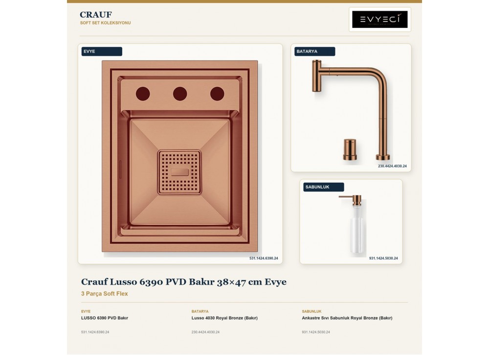 Crauf Lusso 6390 PVD Bakır 38×47 cm Evye + Lusso 4030 Batarya + Aynı Renk Sabunluk | 3 Parça Soft Flex Crauf Lusso 6390 PVD Bakır 38×47 cm Evye + Lusso 4030 Batarya + Aynı Renk Sabunluk | 3 Parça Soft Flex