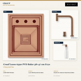 Crauf Lusso 6390 PVD Bakır 38×47 cm Evye + Lusso 4030 Batarya + Aynı Renk Sabunluk | 3 Parça Soft Flex