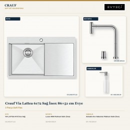 Crauf Via Lattea 6172 Sağ İnox 86×51 cm Evye + Lusso 4030 Batarya + Aynı Renk Sabunluk | 3 Parça Soft Flex