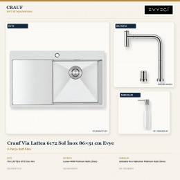 Crauf Via Lattea 6172 Sol İnox 86×51 cm Evye + Lusso 4030 Batarya + Aynı Renk Sabunluk | 3 Parça Soft Flex