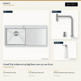 Crauf Via Lattea 6174 Sağ İnox 100×51 cm Evye + Lusso 4030 Batarya + Aynı Renk Sabunluk | 3 Parça Soft Flex