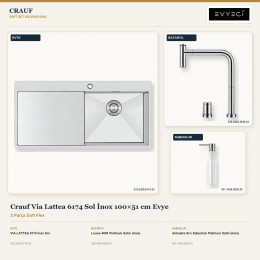 Crauf Via Lattea 6174 Sol İnox 100×51 cm Evye + Lusso 4030 Batarya + Aynı Renk Sabunluk | 3 Parça Soft Flex
