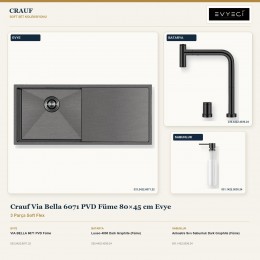 Crauf Via Bella 6071 PVD Füme 80×45 cm Evye + Lusso 4030 Batarya + Aynı Renk Sabunluk | 3 Parça Soft Flex
