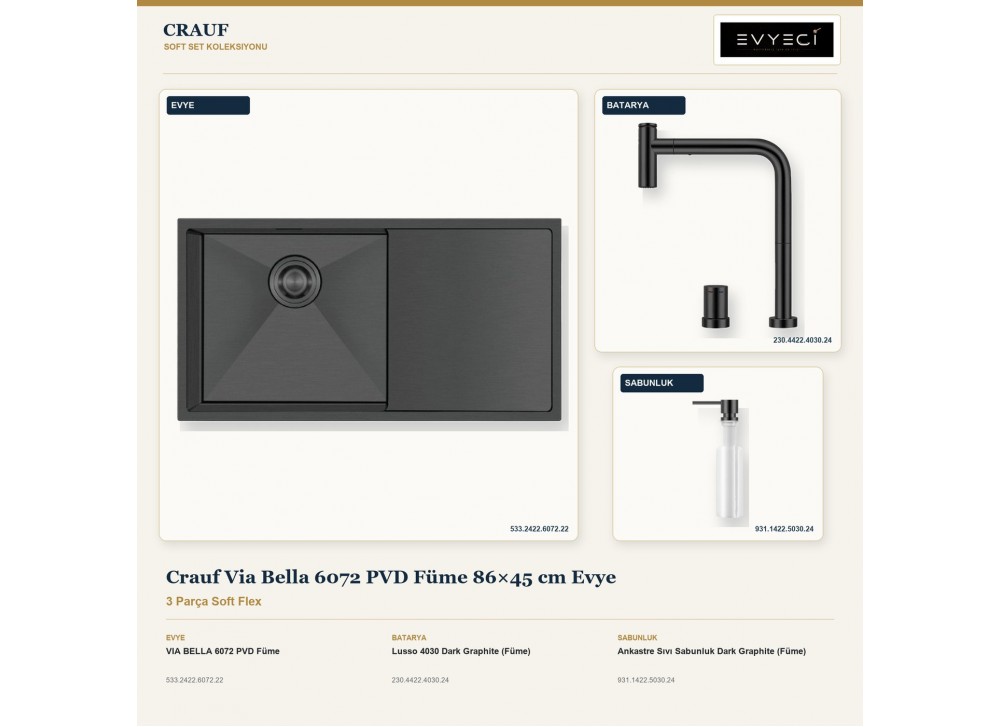 Crauf Via Bella 6072 PVD Füme 86×45 cm Evye + Lusso 4030 Batarya + Aynı Renk Sabunluk | 3 Parça Soft Flex Crauf Via Bella 6072 PVD Füme 86×45 cm Evye + Lusso 4030 Batarya + Aynı Renk Sabunluk | 3 Parça Soft Flex