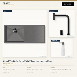Crauf Via Bella 6074 PVD Füme 100×45 cm Evye + Lusso 4030 Batarya + Aynı Renk Sabunluk | 3 Parça Soft Flex