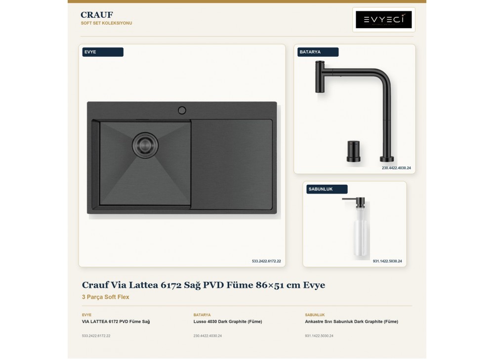 Crauf Via Lattea 6172 Sağ PVD Füme 86×51 cm Evye + Lusso 4030 Batarya + Aynı Renk Sabunluk | 3 Parça Soft Flex Crauf Via Lattea 6172 Sağ PVD Füme 86×51 cm Evye + Lusso 4030 Batarya + Aynı Renk Sabunluk | 3 Parça Soft Flex