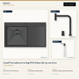 Crauf Via Lattea 6172 Sağ PVD Füme 86×51 cm Evye + Lusso 4030 Batarya + Aynı Renk Sabunluk | 3 Parça Soft Flex
