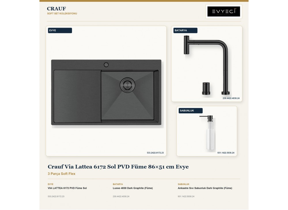 Crauf Via Lattea 6172 Sol PVD Füme 86×51 cm Evye + Lusso 4030 Batarya + Aynı Renk Sabunluk | 3 Parça Soft Flex Crauf Via Lattea 6172 Sol PVD Füme 86×51 cm Evye + Lusso 4030 Batarya + Aynı Renk Sabunluk | 3 Parça Soft Flex