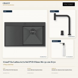 Crauf Via Lattea 6172 Sol PVD Füme 86×51 cm Evye + Lusso 4030 Batarya + Aynı Renk Sabunluk | 3 Parça Soft Flex