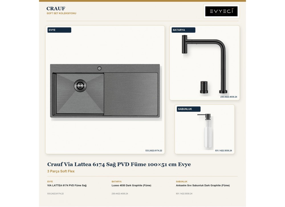 Crauf Via Lattea 6174 Sağ PVD Füme 100×51 cm Evye + Lusso 4030 Batarya + Aynı Renk Sabunluk | 3 Parça Soft Flex Crauf Via Lattea 6174 Sağ PVD Füme 100×51 cm Evye + Lusso 4030 Batarya + Aynı Renk Sabunluk | 3 Parça Soft Flex