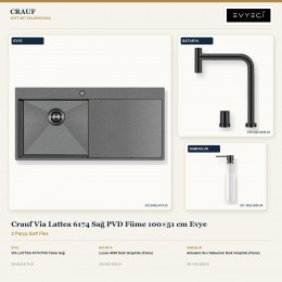 Crauf Via Lattea 6174 Sağ PVD Füme 100×51 cm Evye + Lusso 4030 Batarya + Aynı Renk Sabunluk | 3 Parça Soft Flex
