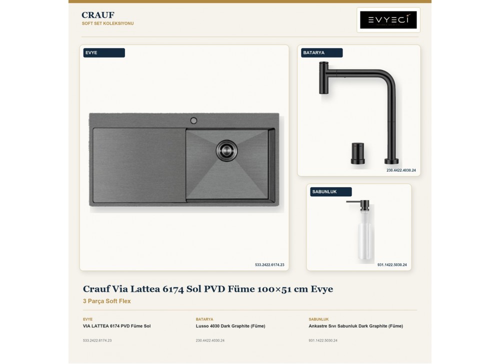 Crauf Via Lattea 6174 Sol PVD Füme 100×51 cm Evye + Lusso 4030 Batarya + Aynı Renk Sabunluk | 3 Parça Soft Flex Crauf Via Lattea 6174 Sol PVD Füme 100×51 cm Evye + Lusso 4030 Batarya + Aynı Renk Sabunluk | 3 Parça Soft Flex
