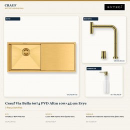 Crauf Via Bella 6074 PVD Altın 100×45 cm Evye + Lusso 4030 Batarya + Aynı Renk Sabunluk | 3 Parça Soft Flex