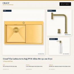 Crauf Via Lattea 6172 Sağ PVD Altın 86×51 cm Evye + Lusso 4030 Batarya + Aynı Renk Sabunluk | 3 Parça Soft Flex