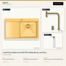 Crauf Via Lattea 6172 Sol PVD Altın 86×51 cm Evye + Lusso 4030 Batarya + Aynı Renk Sabunluk | 3 Parça Soft Flex
