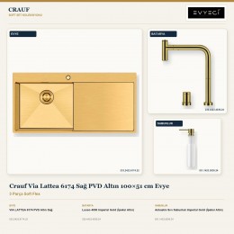 Crauf Via Lattea 6174 Sağ PVD Altın 100×51 cm Evye + Lusso 4030 Batarya + Aynı Renk Sabunluk | 3 Parça Soft Flex